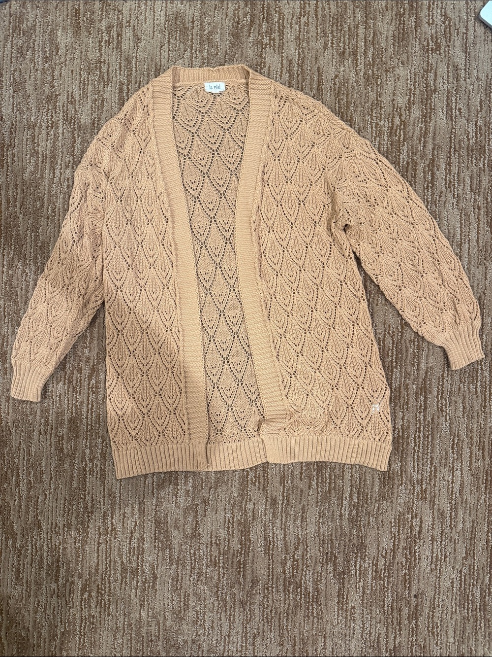 LA MIEL Open-Front Crochet Knit Cardigan in Beige
